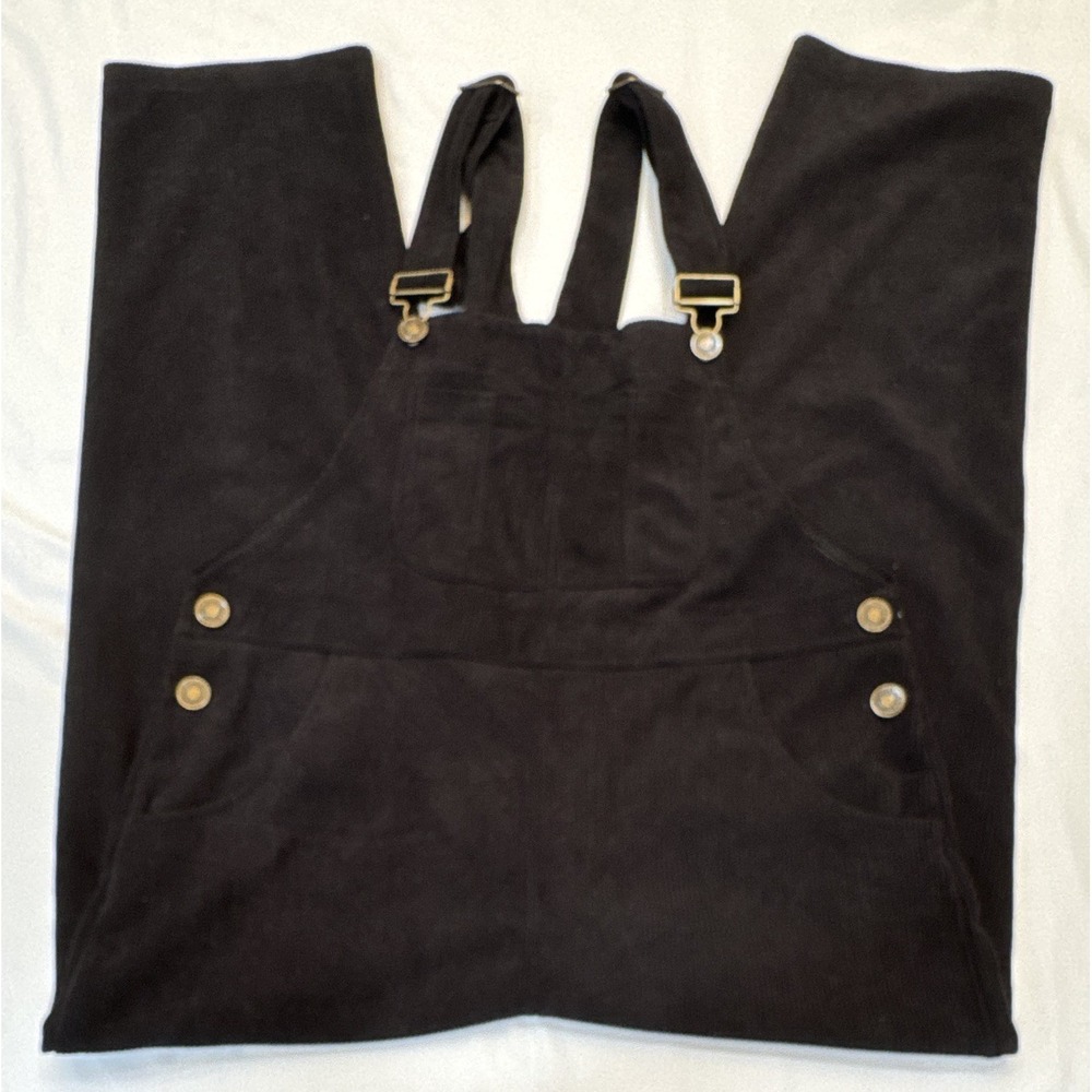 The Hengsheng Women's Sz M Black Corduroy Overalls Adj Button Front Straight Leg